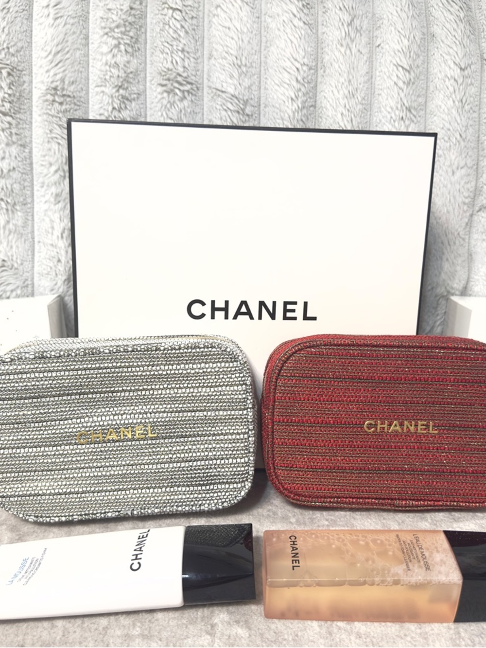 Authentic CHANEL Metallic Silver & Red Cosmetic Pouch and skincare set